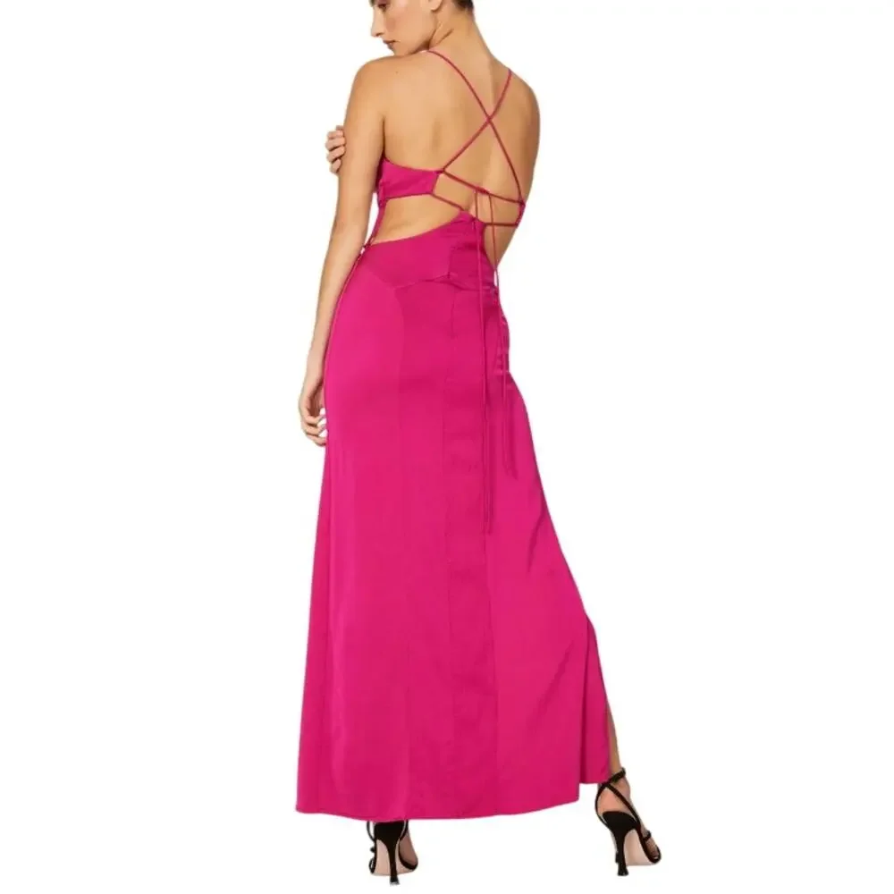 Manning Cartell Pink Satin Maxi Slip Dress Size 4 Barbie Slit Cocktail Gown $500 - Picture 3 of 9